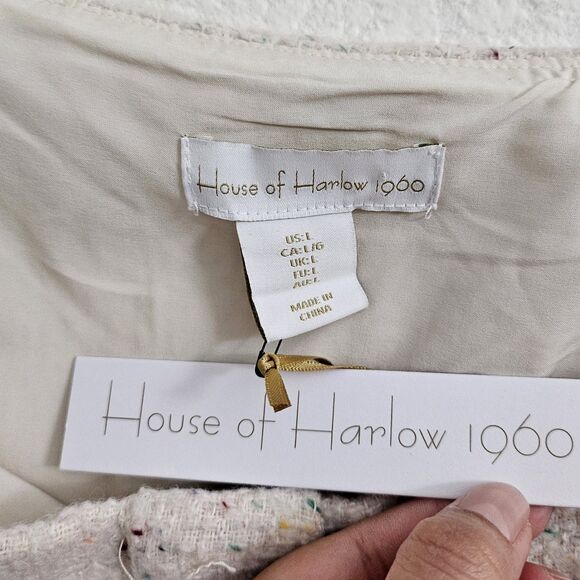 House Of Harlow‎ Dress Large Cream Mini Speckled Tweed Fringe Hem Boho NWT - Picture 2 of 9